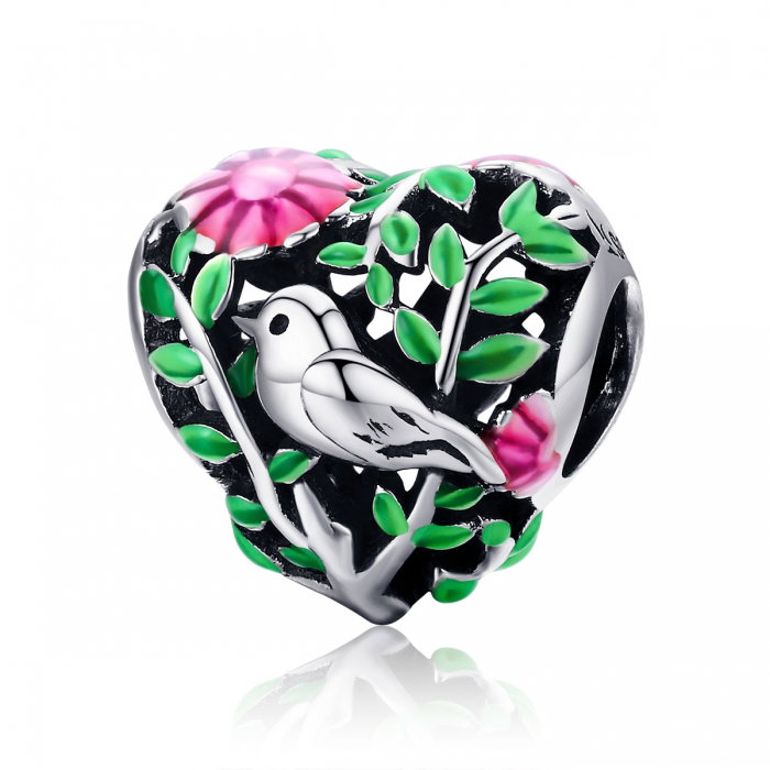 Charm argint 925 inimioara cu floricele si vrabiuta - Be in Love PST0129 [1]