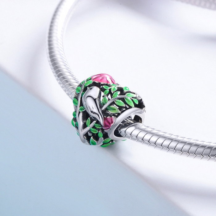 Charm argint 925 inimioara cu floricele si vrabiuta - Be in Love PST0129 [4]