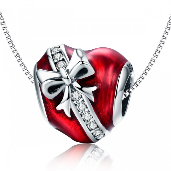 Charm argint 925 inimioara rosie cu fundita si zirconii albe - Be in Love PST0131 [6]