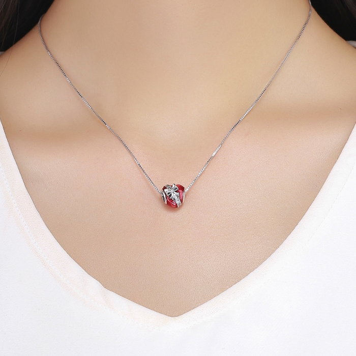 Charm argint 925 inimioara rosie cu fundita si zirconii albe - Be in Love PST0131 [5]