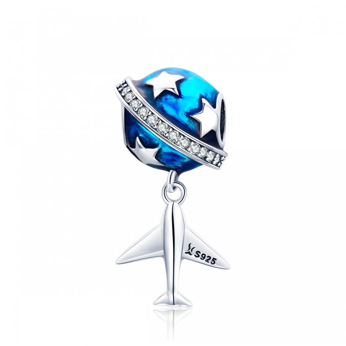 Charm argint 925 planeta albastra cu avion, stelute si zirconii albe PST0149 [1]