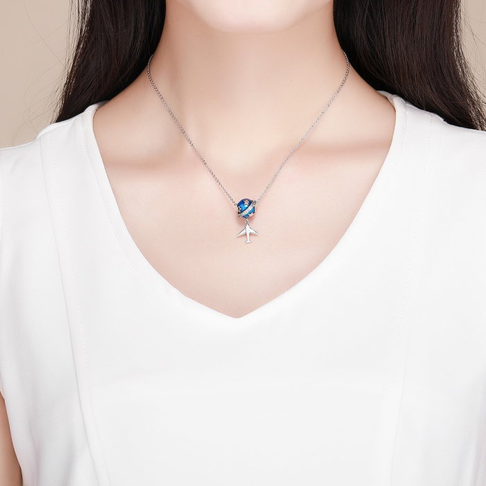 Charm argint 925 planeta albastra cu avion, stelute si zirconii albe PST0149 [4]