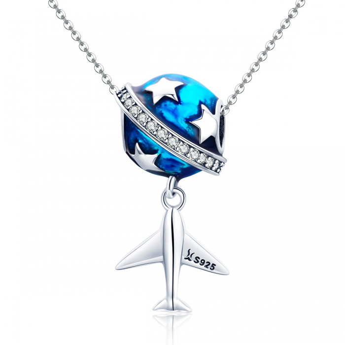 Charm argint 925 planeta albastra cu avion, stelute si zirconii albe PST0149 [5]