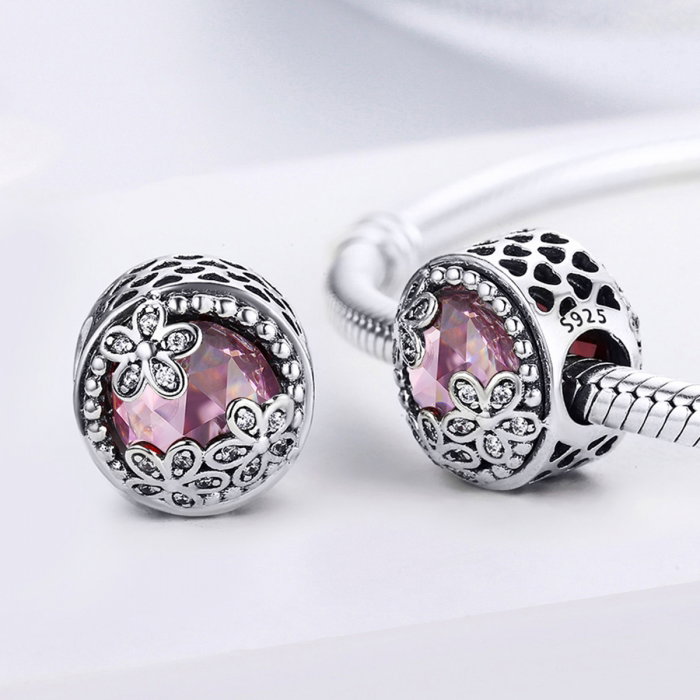 Charm argint 925 roz cu floricele si zirconii albe - Be Nature PST0085 [2]