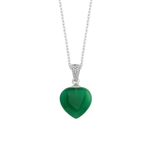 Colier argint 925 cu inimă de agat verde placat cu rodiu [1]