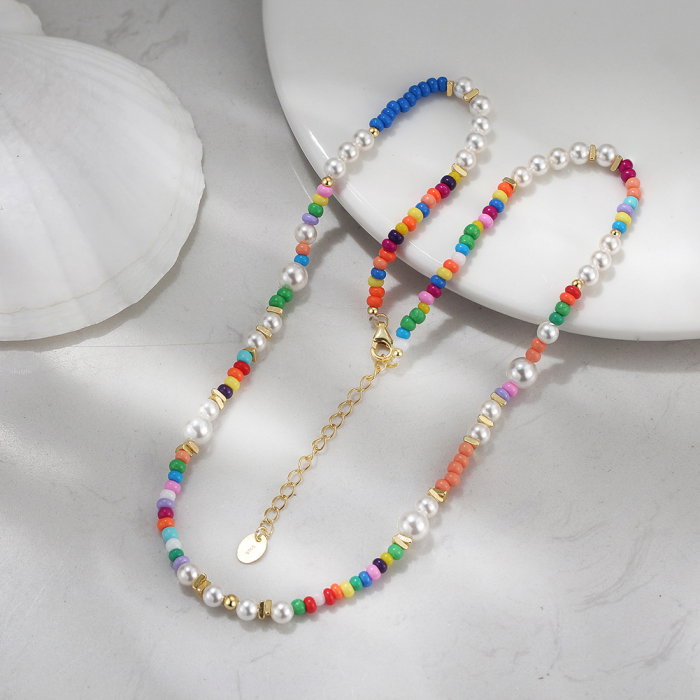 Colier argint 925 placat cu aur 14K cu perle si margele din sticla colorata [5]