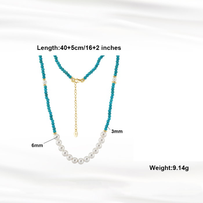 Colier argint 925 placat cu aur 14K cu perle si turcoaz natural [6]