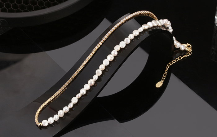 Colier tennis argint 925 placat cu aur 14K cu perle si zirconiu [5]