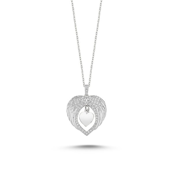 Colier argint aripi de inger si inimioara cu zirconii albe placat cu rodiu - CTU0097 [1]