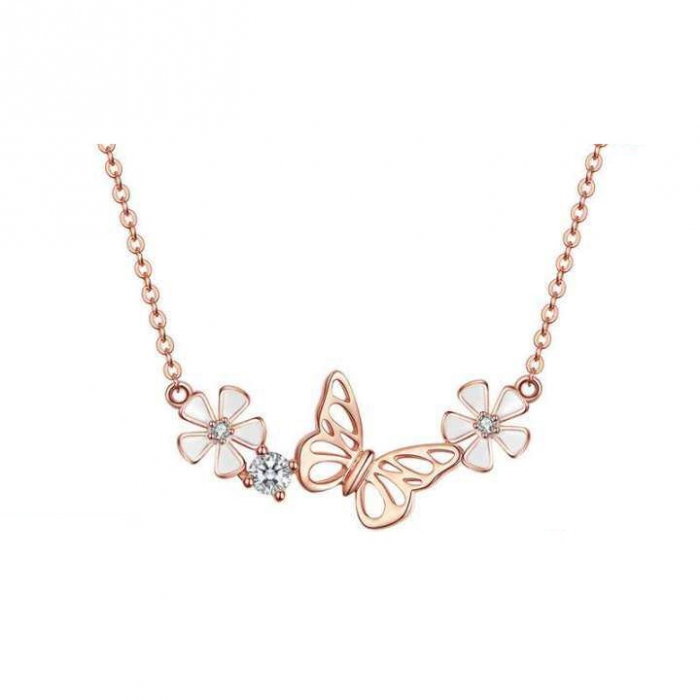Colier argint cu flori si fluturas placat cu aur roz [1]