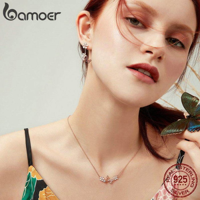 Colier argint cu flori si fluturas placat cu aur roz [5]