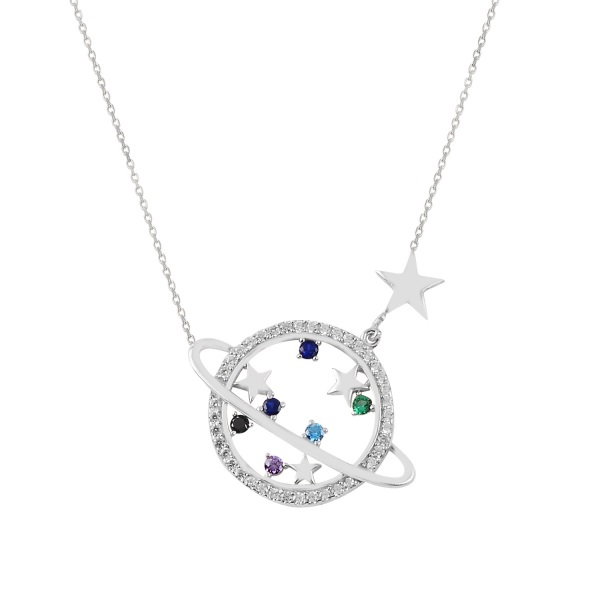 Colier argint planeta Saturn & Star cu zirconii placat cu rodiu [1]