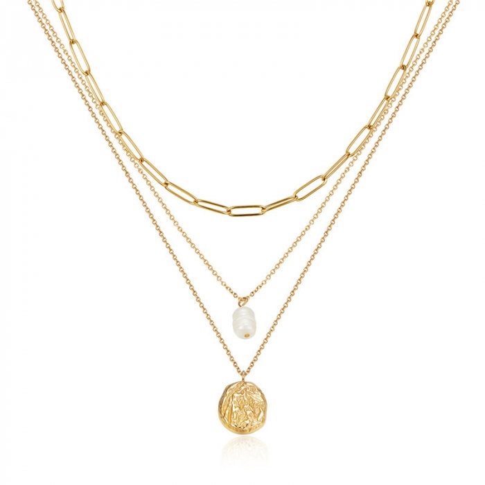 Colier argint triplu placat cu aur, cu perla naturala si pandantiv masiv [1]