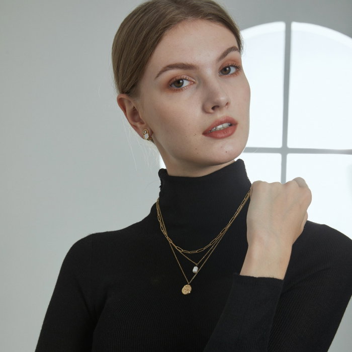 Colier argint triplu placat cu aur, cu perla naturala si pandantiv masiv [2]