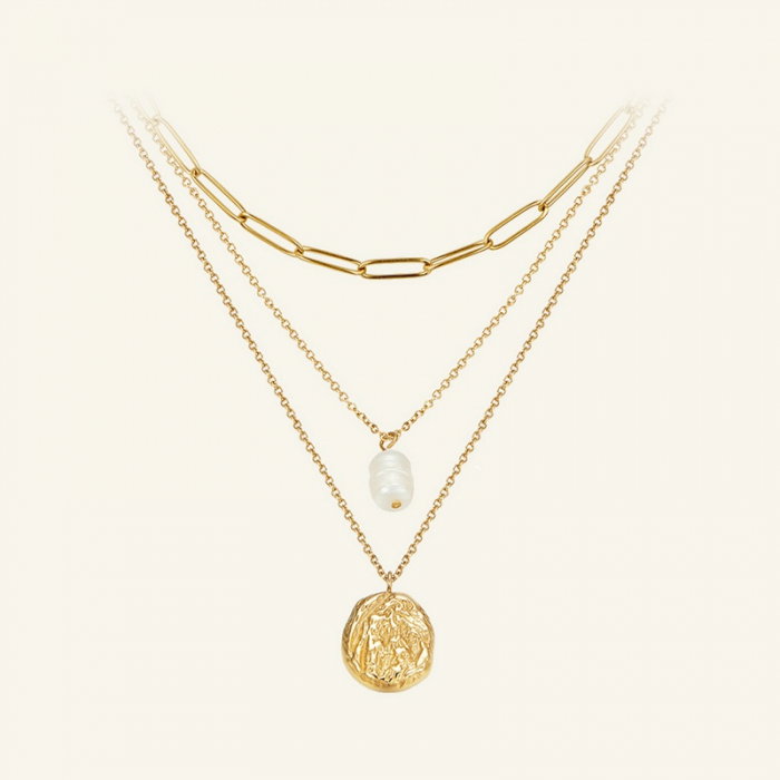 Colier argint triplu placat cu aur, cu perla naturala si pandantiv masiv [8]