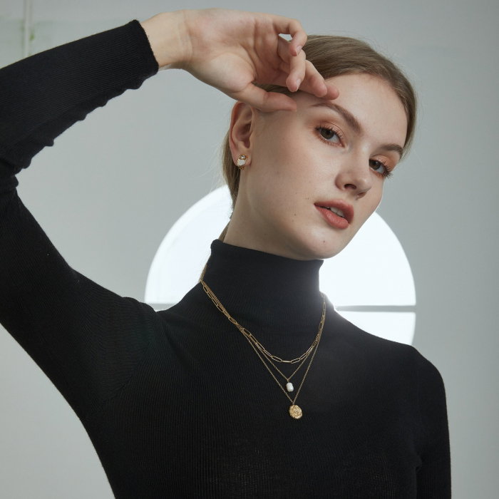 Colier argint triplu placat cu aur, cu perla naturala si pandantiv masiv [5]