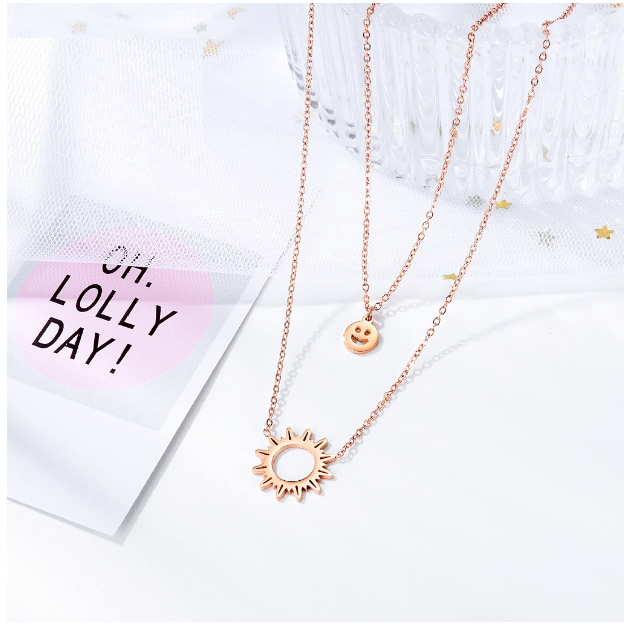 Colier dublu din inox placat cu aur roz Soare si Smiley [4]