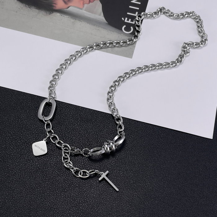 Colier inox reglabil cu cruce si mesaj "With God" [11]