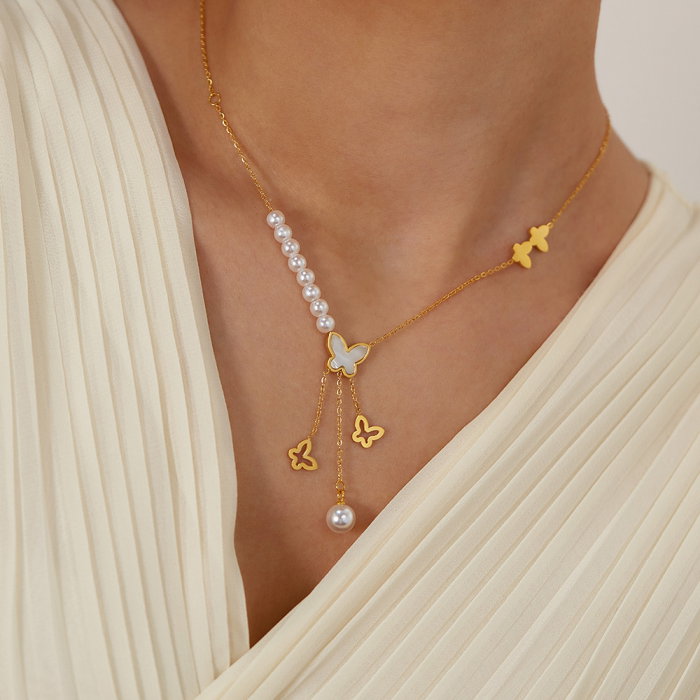 Colier inox cu perle si fluturasi [15]