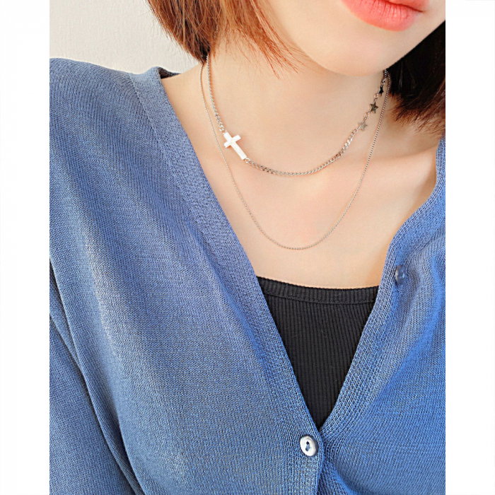 Colier inox dublu cu cruce si stelute [2]