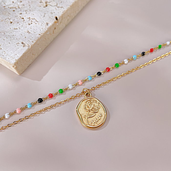 Colier inox dublu cu margele si trandafir [11]