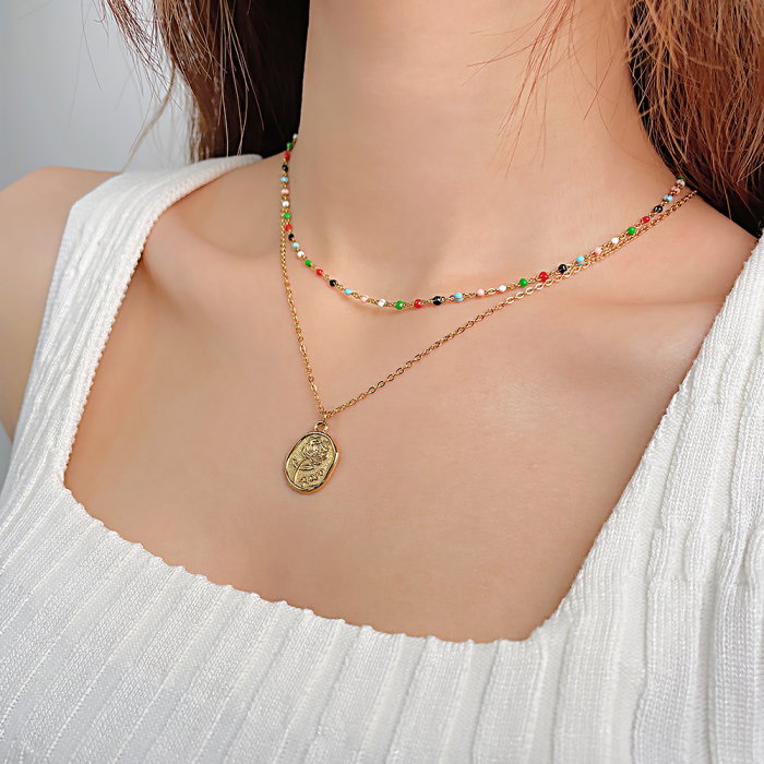 Colier inox dublu cu margele si trandafir [14]