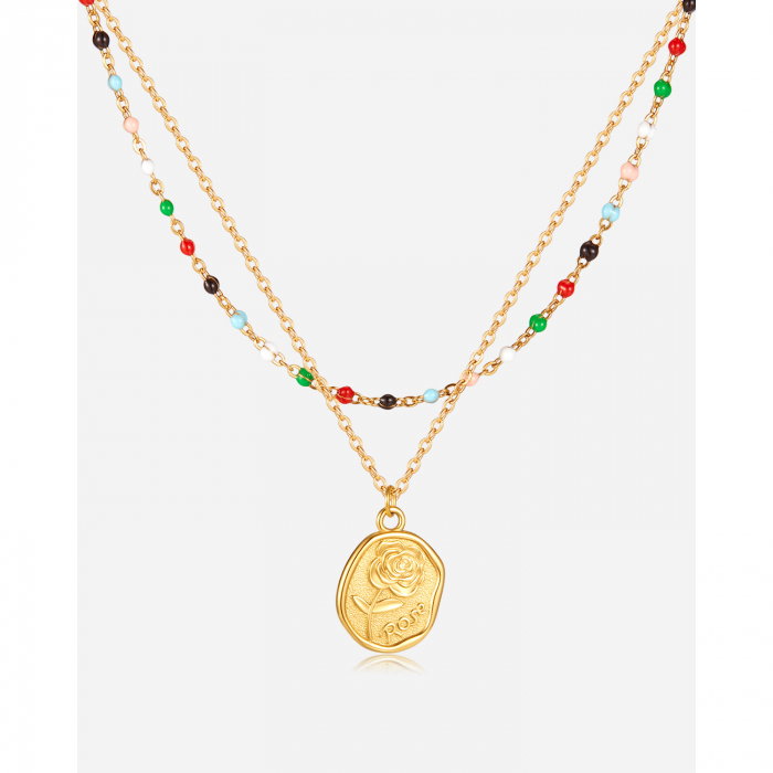 Colier inox dublu cu margele si trandafir [15]