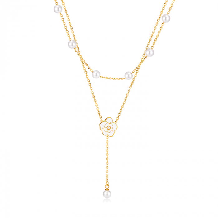 Colier inox dublu cu perle si floare [1]