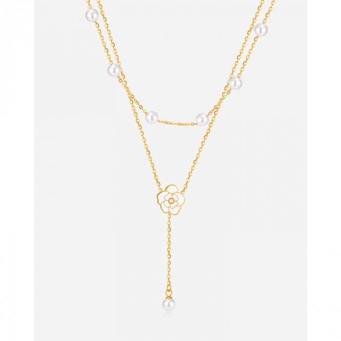 Colier inox dublu cu perle si floare [16]