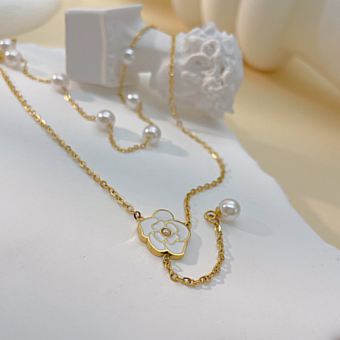 Colier inox dublu cu perle si floare [7]