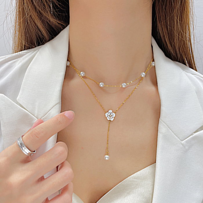 Colier inox dublu cu perle si floare [13]