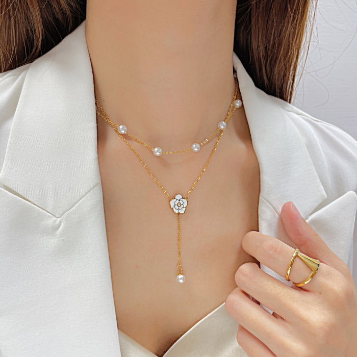 Colier inox dublu cu perle si floare [15]