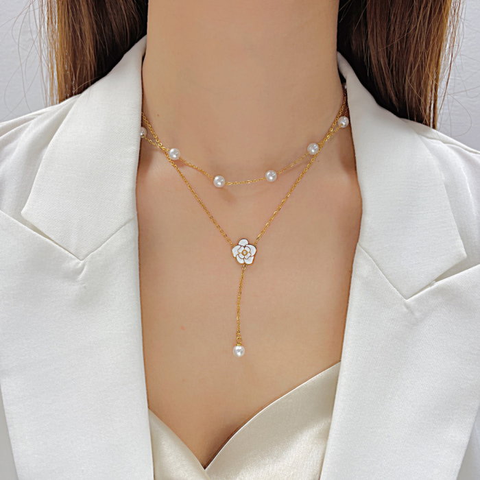 Colier inox dublu cu perle si floare [2]