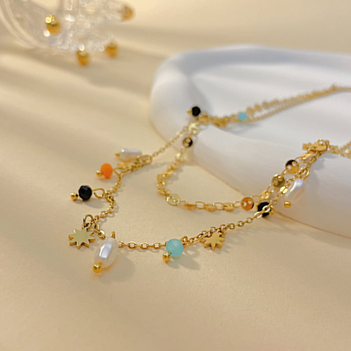 Colier inox dublu cu perle si margele [3]