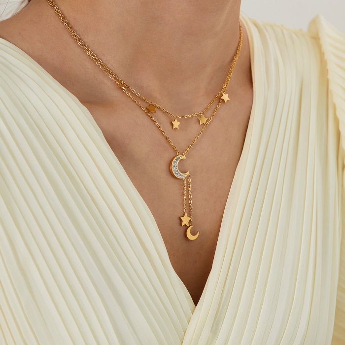 Colier inox dublu soarele si luna cu zirconii [2]