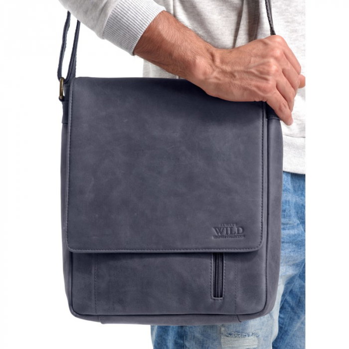 Geanta pentru umar din piele naturala, Always Wild, BORG3, Albastru [1]