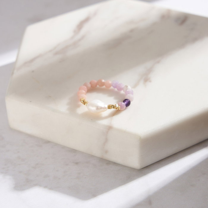 Inel argint 925 elastic placat cu aur 14K cu perle naturale si opal si mica naturale [5]