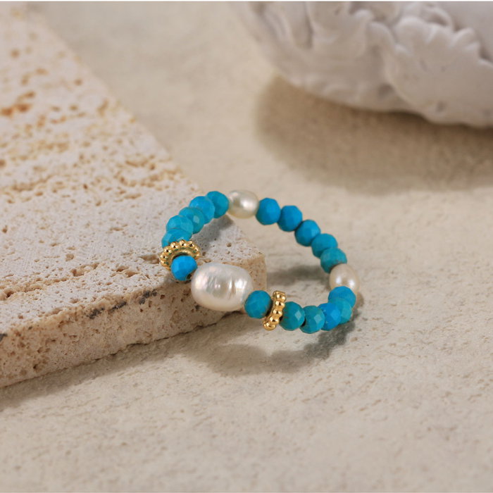 Inel argint 925 elastic placat cu aur 14K cu perle naturale si turcoaz natural [3]