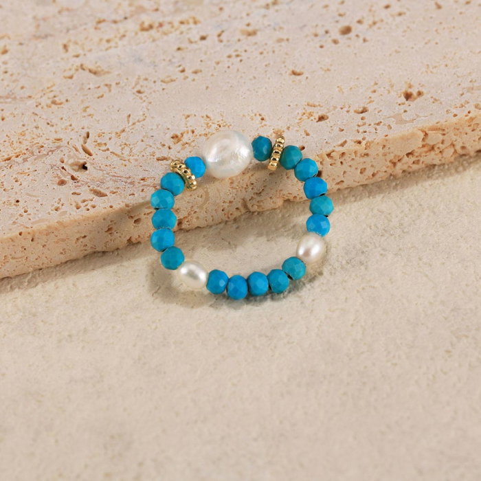 Inel argint 925 elastic placat cu aur 14K cu perle naturale si turcoaz natural [5]