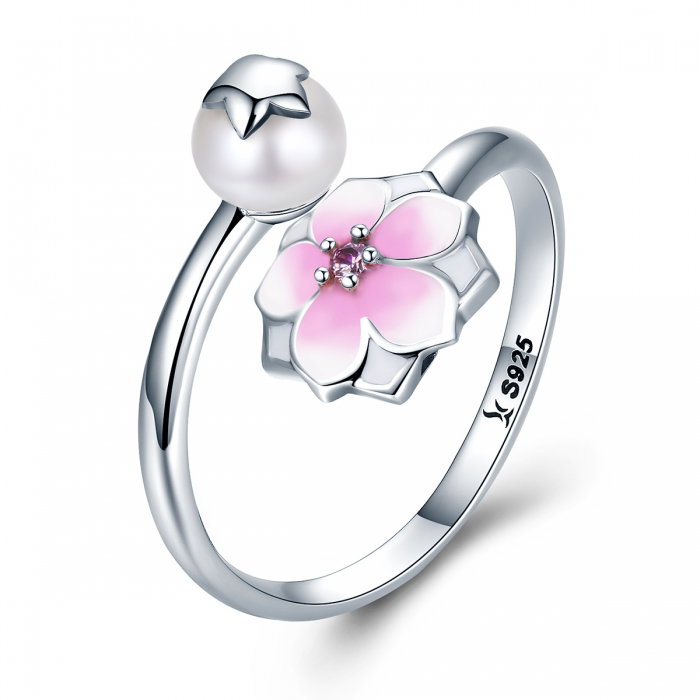 Inel argint 925 reglabil cu perla, floare si zirconiu roz - Be Nature IST0030 [1]