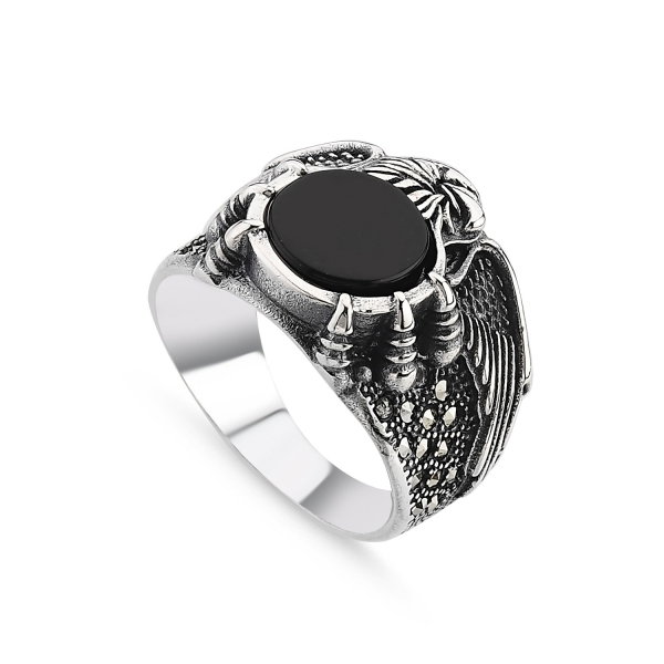 Inel argint handmade cu vultur, agat ROSU si marcasite [2]