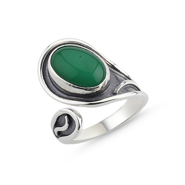Inel argint lucrat manual, cu agat verde, reglabil [1]