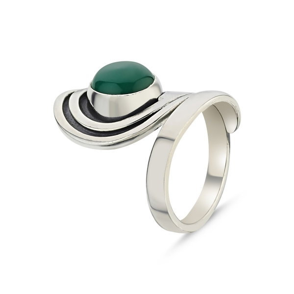 Inel argint lucrat manual, cu agat verde, reglabil [1]