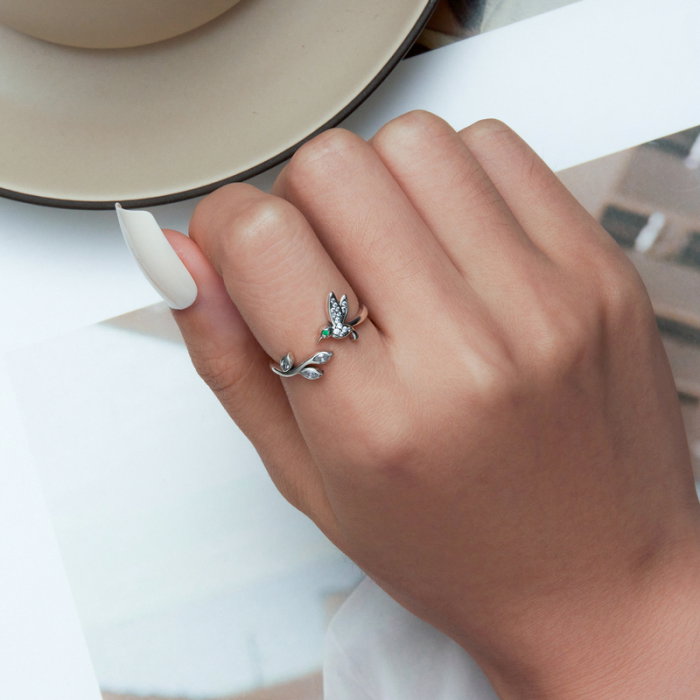 Inel argint reglabil pasare colibri si floare [4]