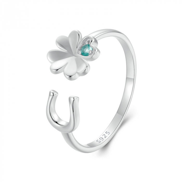 Inel argint reglabil potcoava si trifoi cu patru foi [13]