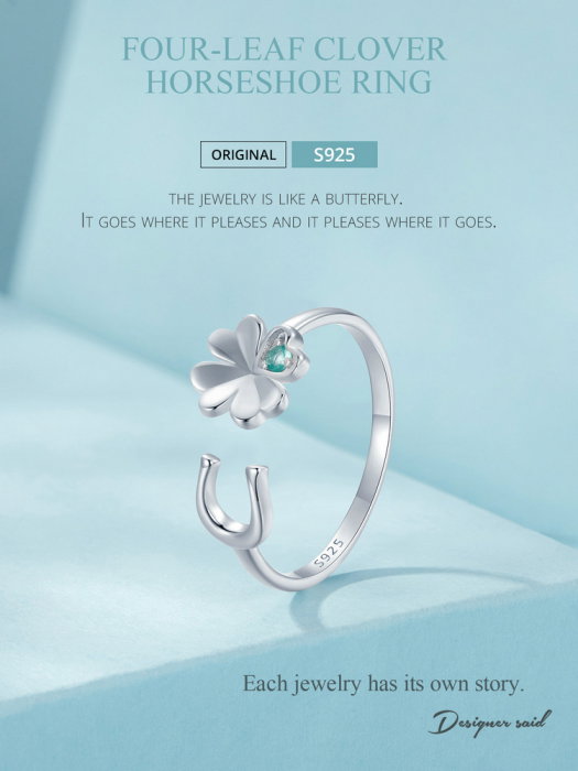 Inel argint reglabil potcoava si trifoi cu patru foi [14]