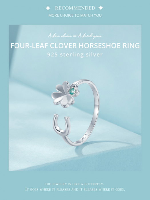 Inel argint reglabil potcoava si trifoi cu patru foi [15]