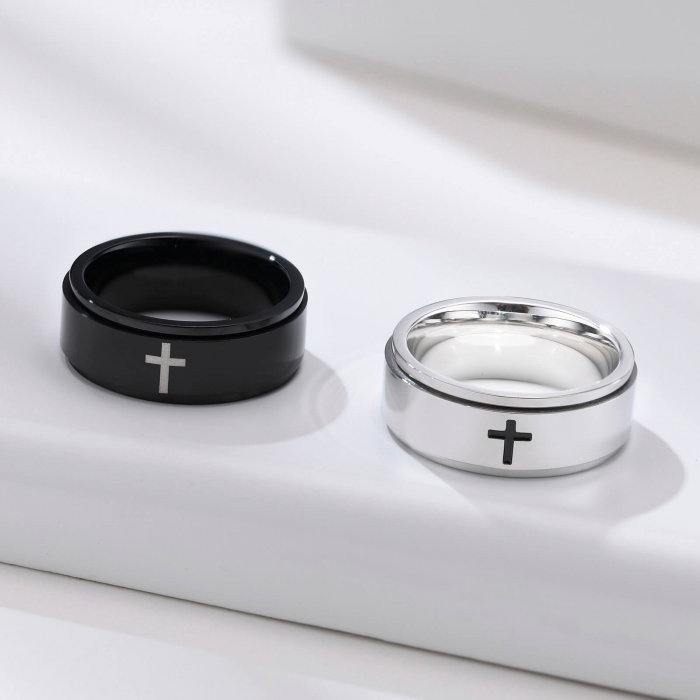 Inel inox antistres negru cu cruce [5]