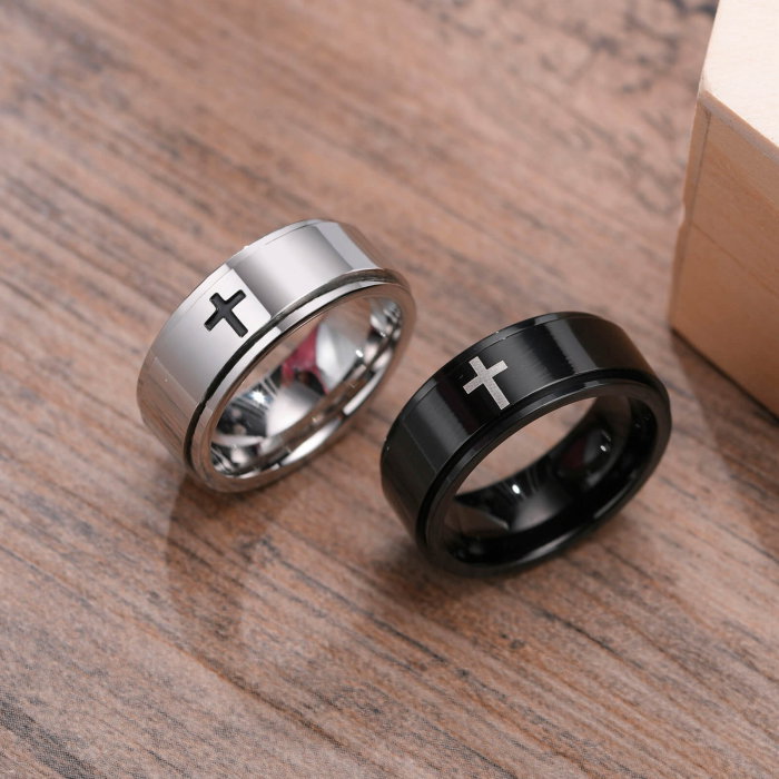 Inel inox antistres negru cu cruce [6]