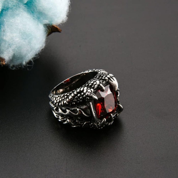 Inel inox argintiu gheara de dragon cu zirconiu rosu [6]